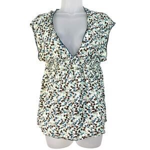 Y2K Urban Behavior Blouse Women's L Blue Brown Leaf Print Smocked Baby Doll